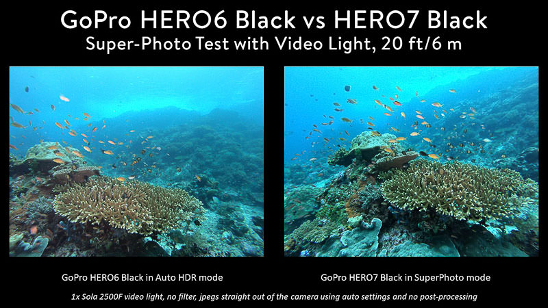 GoPro 7 vs 6 comparison of photo modes using video light, reef with fish above in Komodo