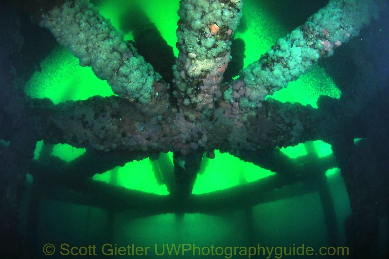 underwater wide angle photography of california oil rigs