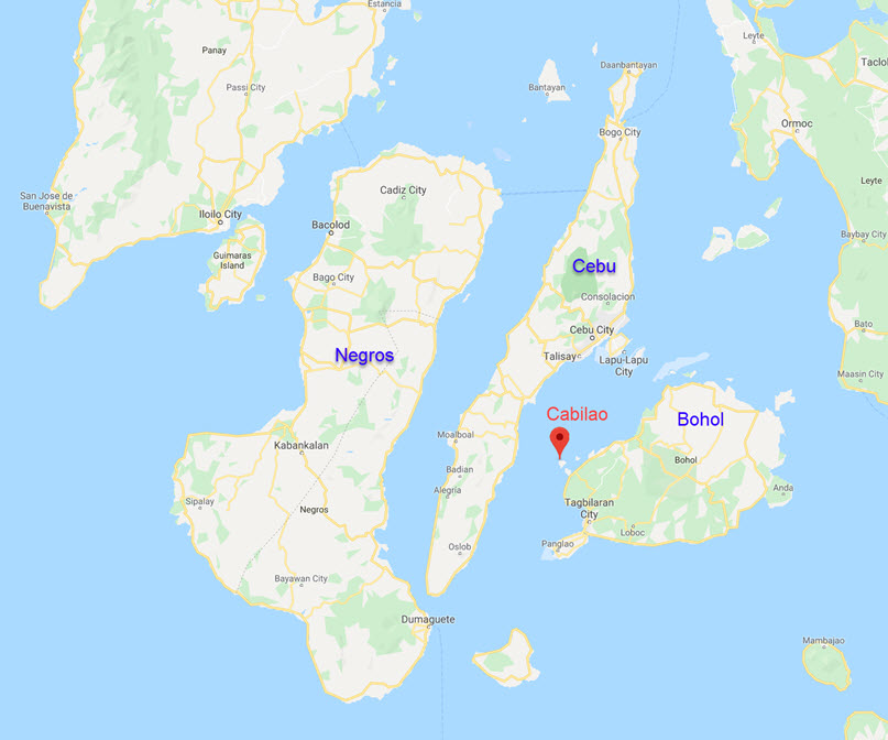 Map of Philippines showing Cabilao in relation to Negros, Cebu and Bohol