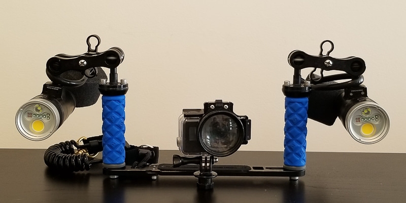 GoPro macro setup: GoPro 7 in Super Suit, Flip diopter, tray with ball mounts, long clamps, Kraken 3500S+ video lights, and two floats