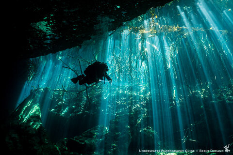 Ambient light with no strobe fill, shot in the Yucatan Cenotes, Mexico. Sony a7R II with 28mm + fisheye converter. ISO 6400, f/6.3, 1/30.