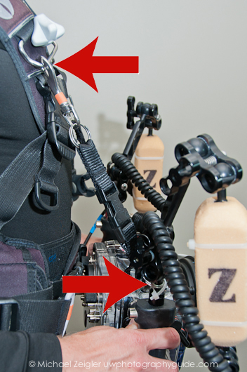 Connections to BC at D-ring and strobe arm ball Shore Diving