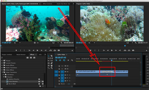 In this cross dissolve between GoPro underwater video clips, we see that the first clip needs all the extra/hidden "handle" frames through the end of the gray transition bar laid over the second clip. The second clip needs all the handle frames through the gray bar laid over the end of the first clip.