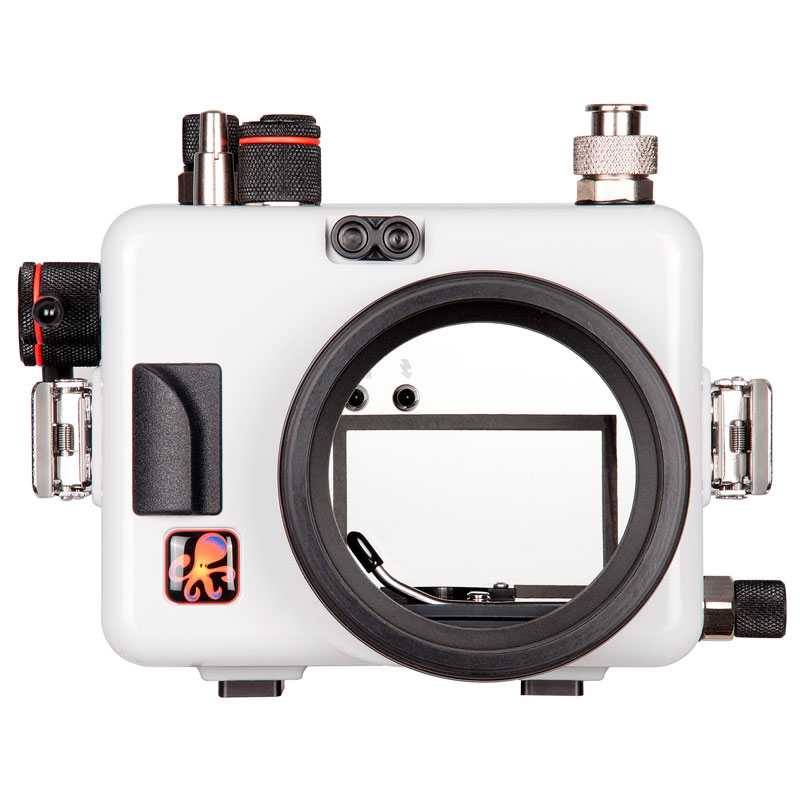 A view of the port base, where macro and dome ports attach, on the Ikelite a6300 housing.