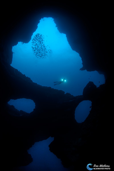 Videographer and model Dan McGanty explores the entrance to the Cathedral as a school of jacks circles. ISO 400, F/11, 1/125
