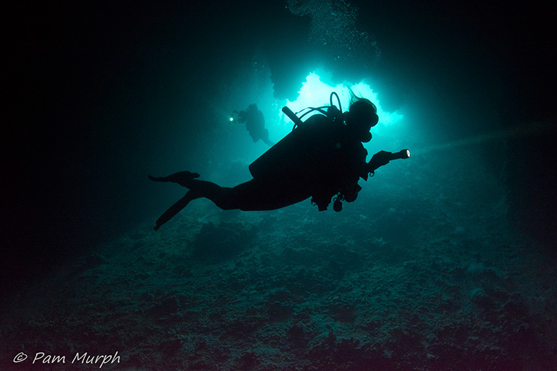 During a recent workshop in Palau, I combined several skills learned through workshops into one shot – silhouettes, ambient light, wide angle scene, models, and low light conditions. We preplanned this shot before the dive to talk about intended composition, model setup, how to handle the small space and inability to see hand signals. Additionally, another dive group started to enter the cavern while we shooting and so I quickly framed up the model of opportunity behind my model. Nikon D7100, Tokina 10-17 at 13, f/13, 1/125th, ISO 1000, ambient light.