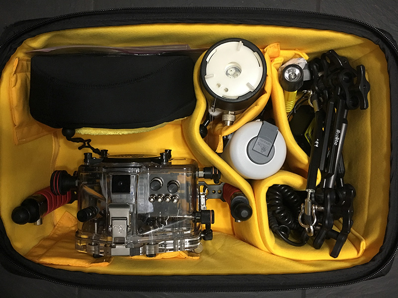 Ken's camera bag all packed up; camera, underwater housing, external strobes, arms, clamps and focus light