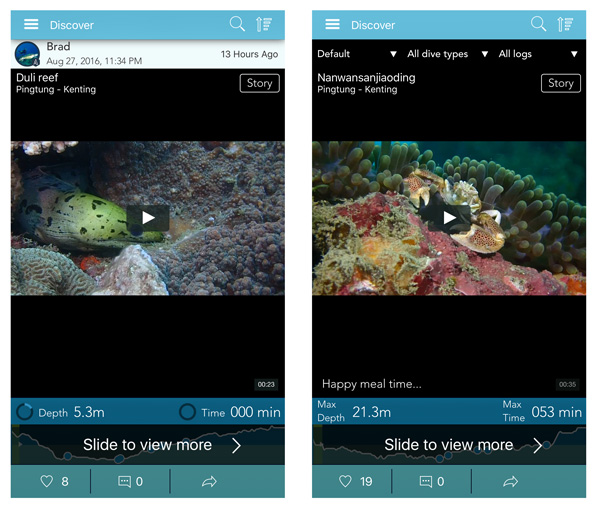 Screenshots of video uploads in the Deepblu app.