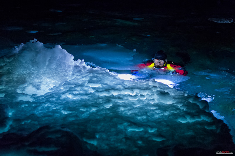 A quiet moment prior to descending under the ice at night in Greenland. A few minutes later I saw a Greenland shark! Photo: Andy Parant