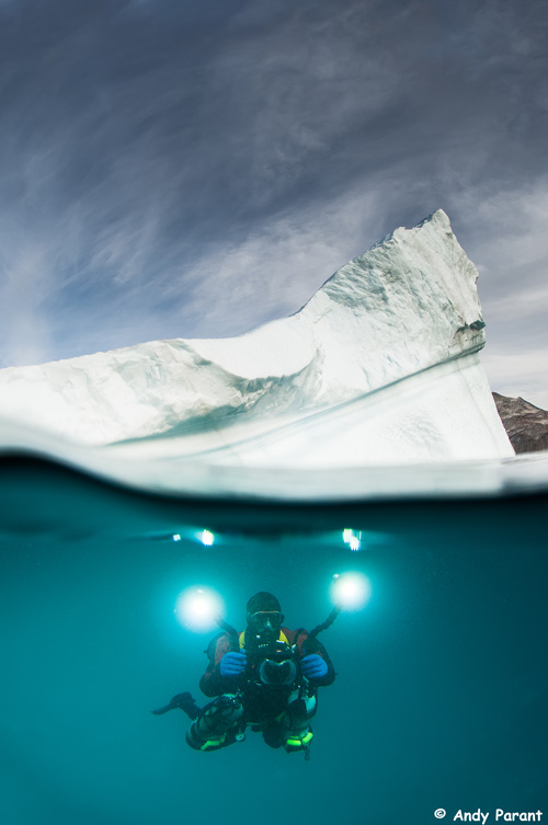 Large iceburgs make fantastic split-shots, like this one as we prepare to descend into the abyss. Photo: Andy Parant