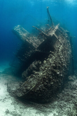 The stern of the Giannis D, Red Sea, using ambient light, manual white balance, and Magic Filters. ISO 400, f/9, 1/100s.
