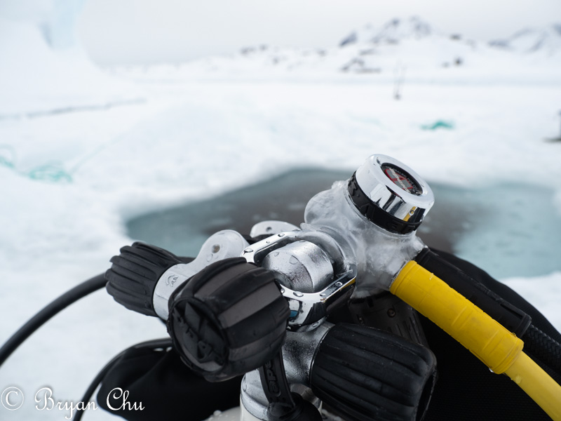 Ice-covered regulator 1st stage after a minor free-flow. OM-D E-M1 Mark II, 12-100mm F4.0 Lens.