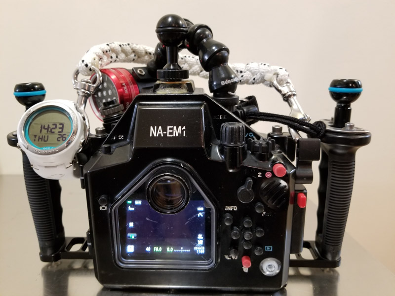 Nauticam housing with backup dive computer attached, to allow easy depth monitoring while taking photos.