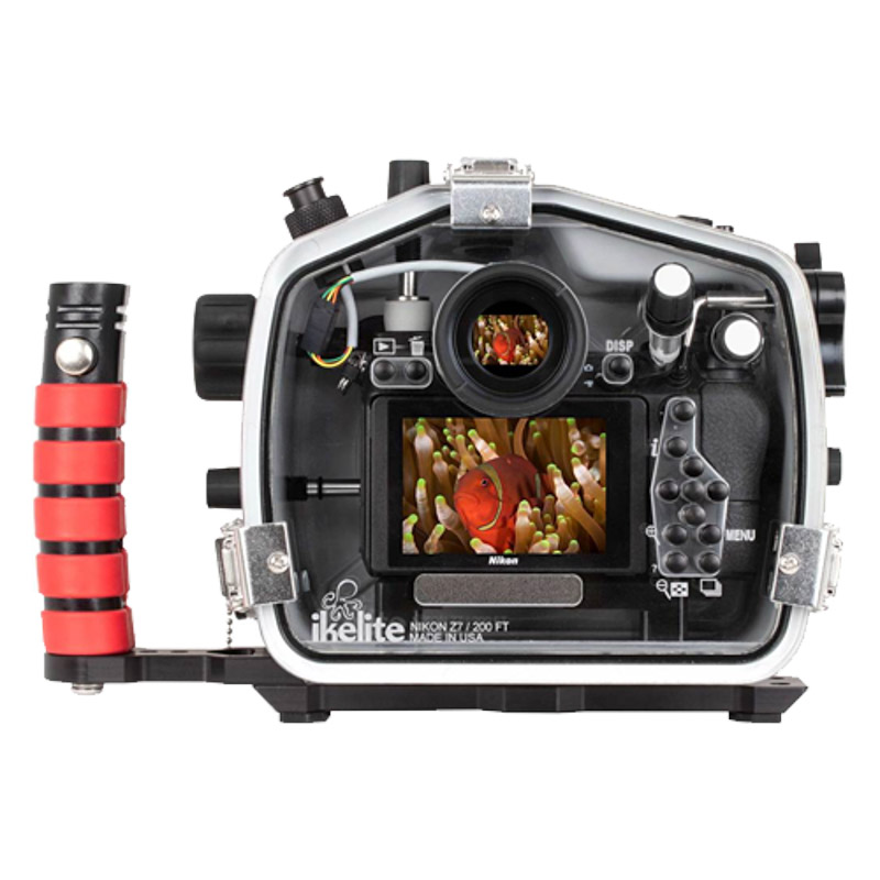 Backside view of the Ikelite Z6/Z7 Housing. Here you can see how each control label is engraved into the housing material. The info menu is a great function on the Z7, giving you easy access to key underwater functions. The triple latch system is also visible as well as the back AF lever and a glimpse of the front lever