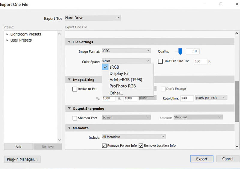 Changing the color space of an individual image in Lightroom Classic during export.