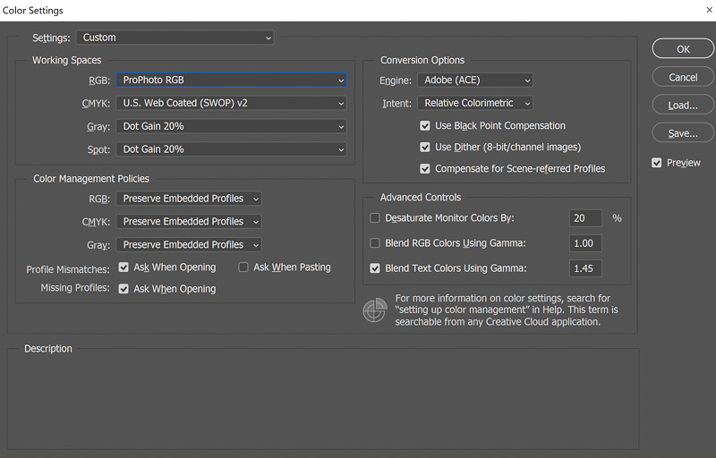 Setting color space in Photoshop CC 2019