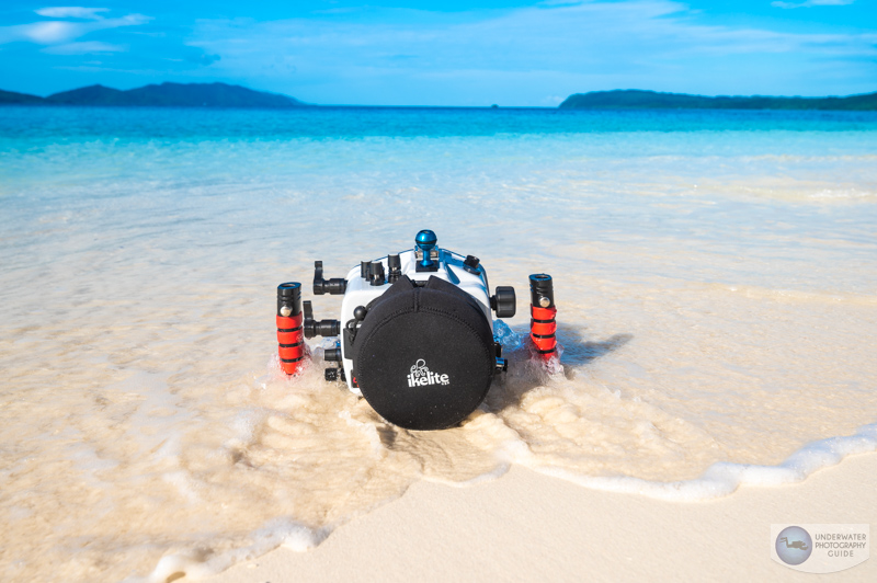 The Sony a7r V on a white sandy beach in Raja Ampat, Indonesia in an Ikelite A7R V Housing. The Sony a7r V on a white sandy beach in Raja Ampat, Indonesia in an Ikelite A7R V Housing.